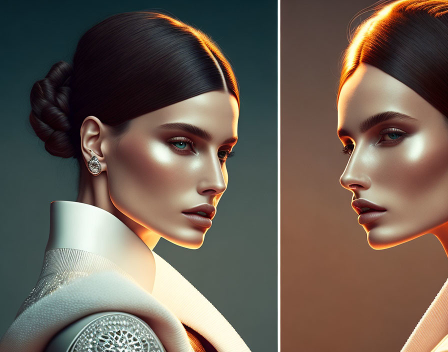 Digital artwork featuring woman with sleek braid and striking green eyes