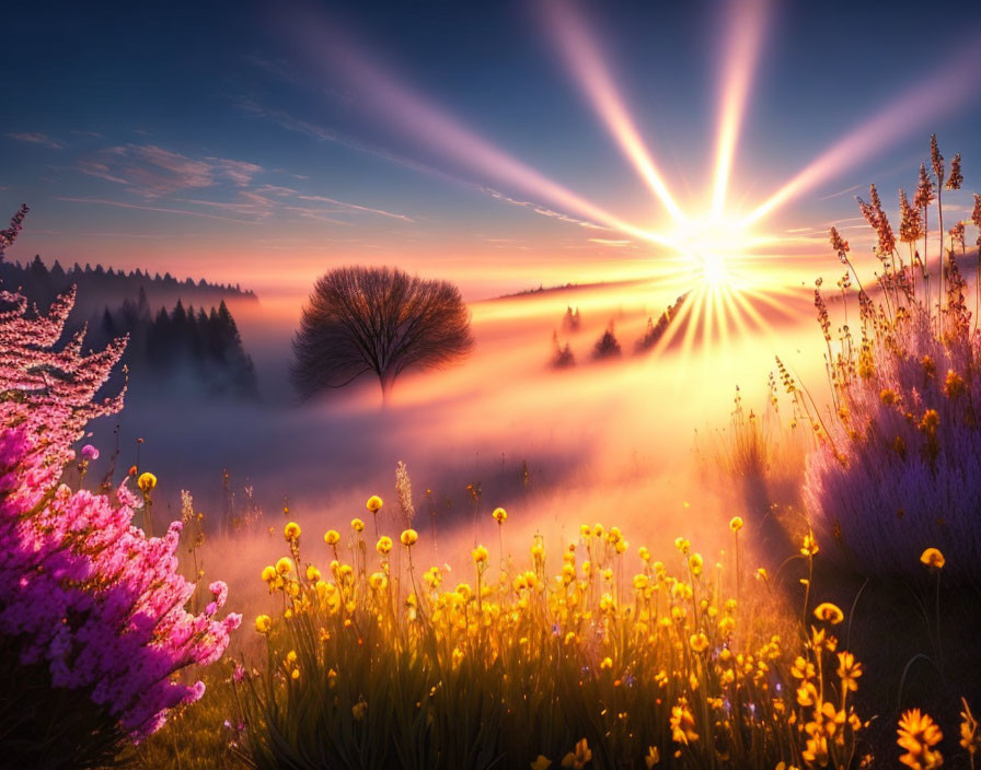 Colorful Sunrise with Misty Meadow and Silhouetted Tree