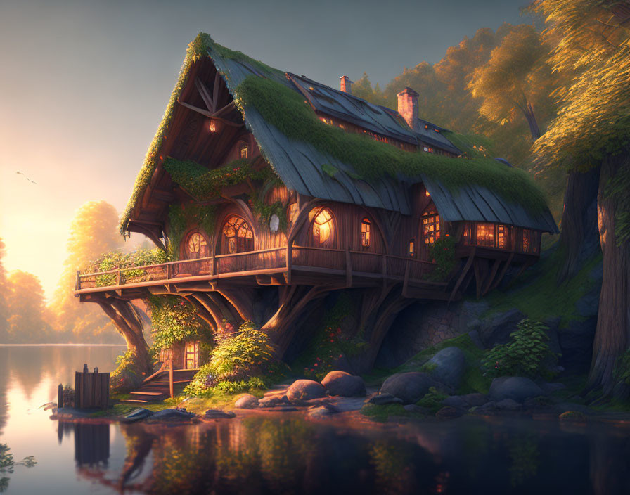 Thatched Roof Treehouse by Calm Lake at Sunset