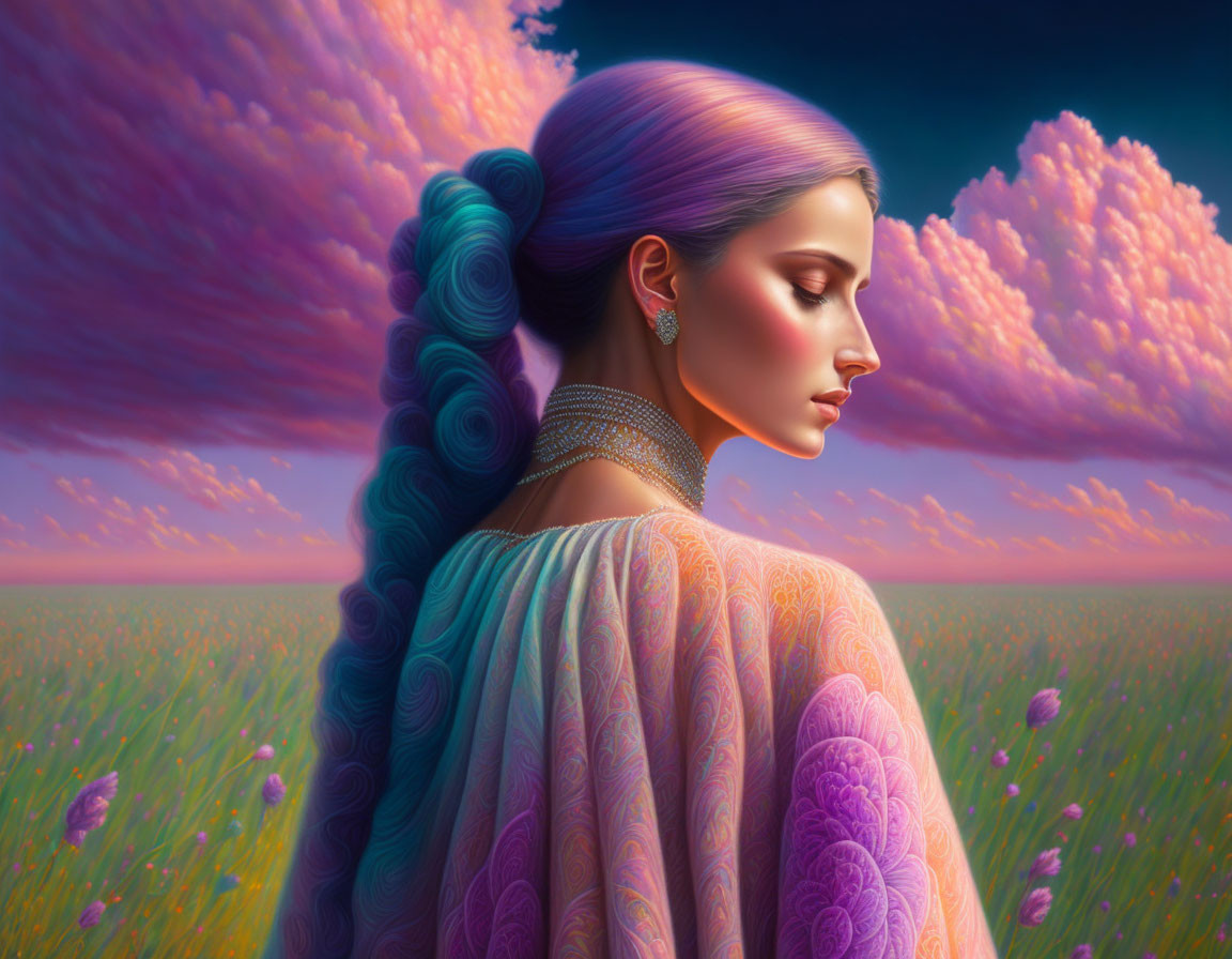 Surreal portrait of woman with violet hair in flower field at sunset