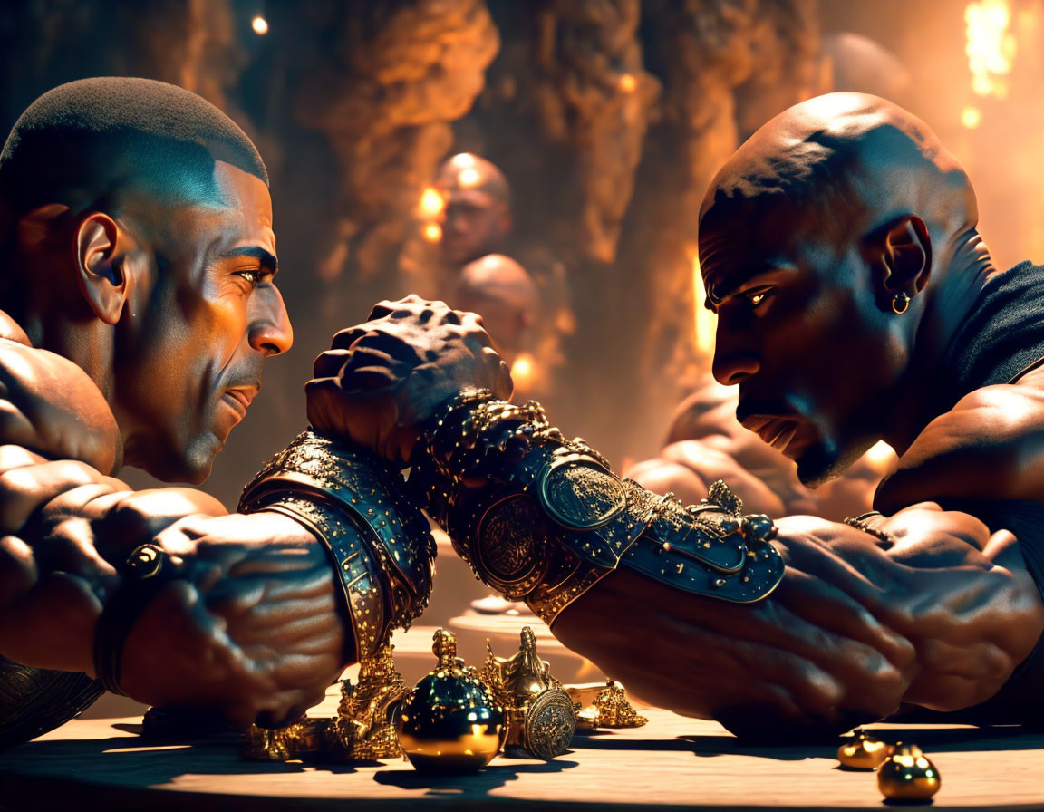 Muscular men in intense arm-wrestling match with golden goblets and fiery backdrop