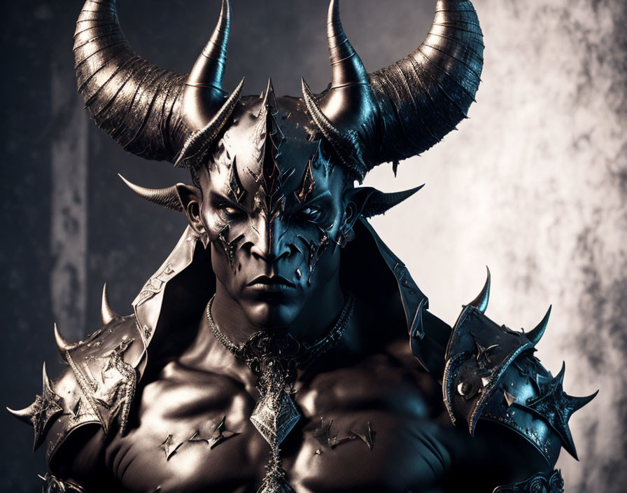 Dark fantasy armor with large horns and spiked shoulder pads pose menacingly