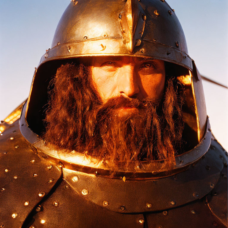 Bearded person in medieval armor and helmet under warm light