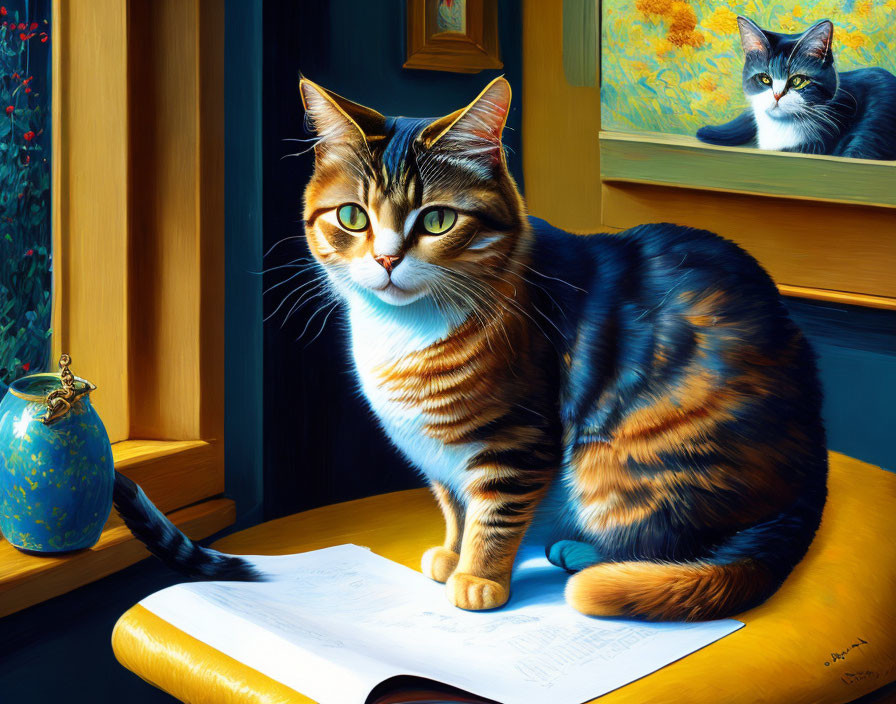 Colorful Striped Cat Painting with Yellow Chair, Book, Vase, and Window Reflection