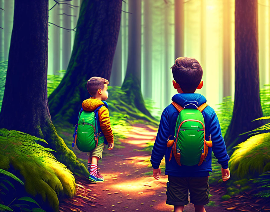 Children with backpacks walking in sunlit forest.