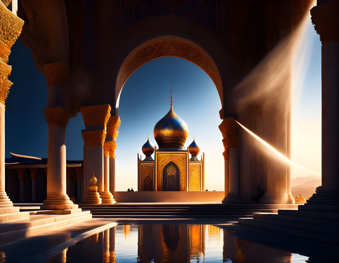 Ornate palace with arched doorways, reflective pool, and blue dome in warm sunlight