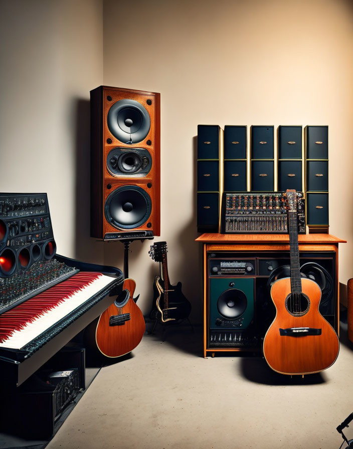 Music studio setup with synthesizer, electric and acoustic guitars, speakers, and vinyl records.