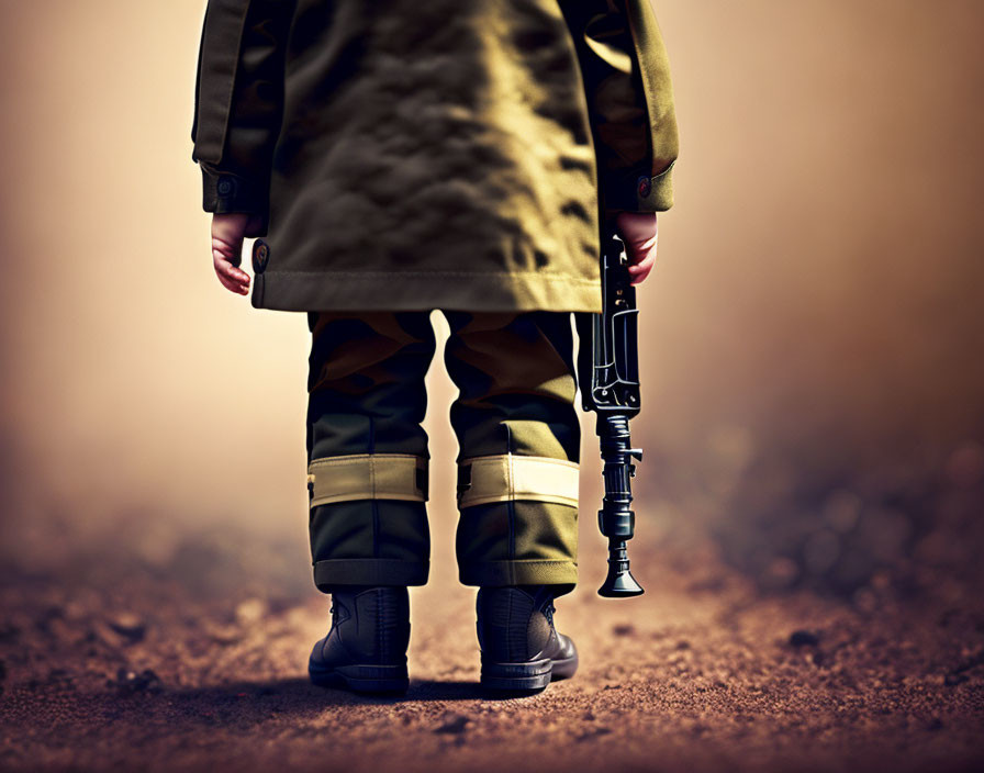 Military person with rifle in desert setting