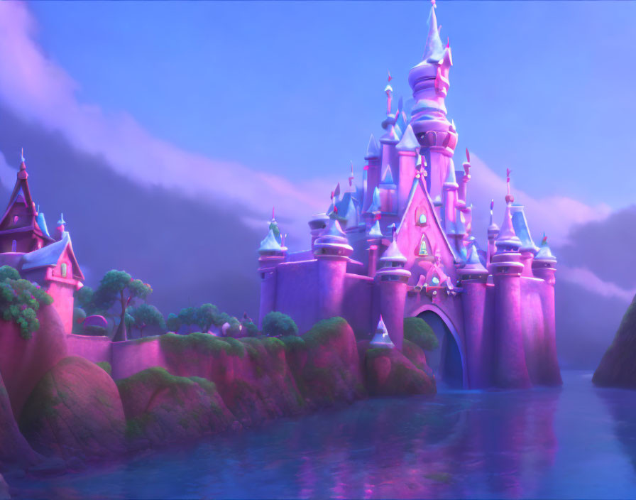 Mystical castle with spires and turrets in purple and pink landscape