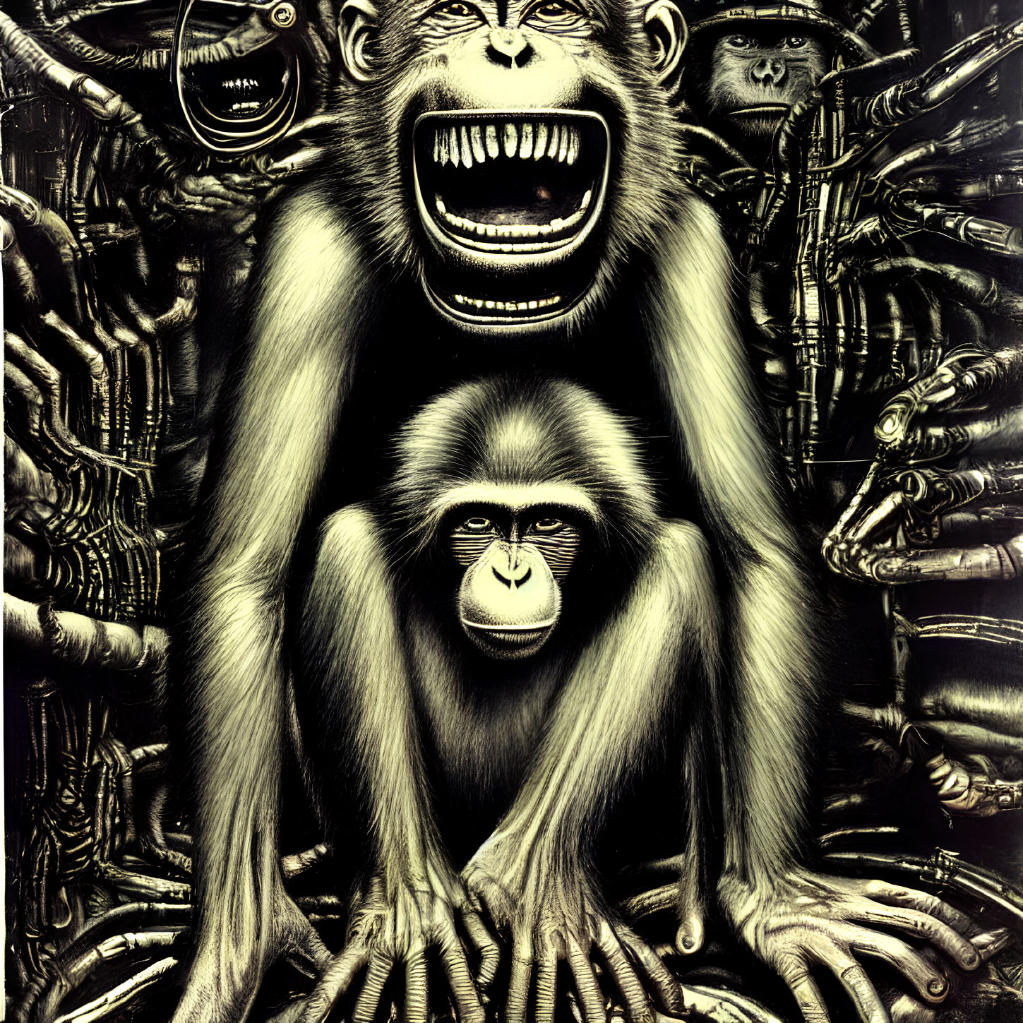 Detailed baboon-themed illustration with mechanical and primate elements in a dark backdrop