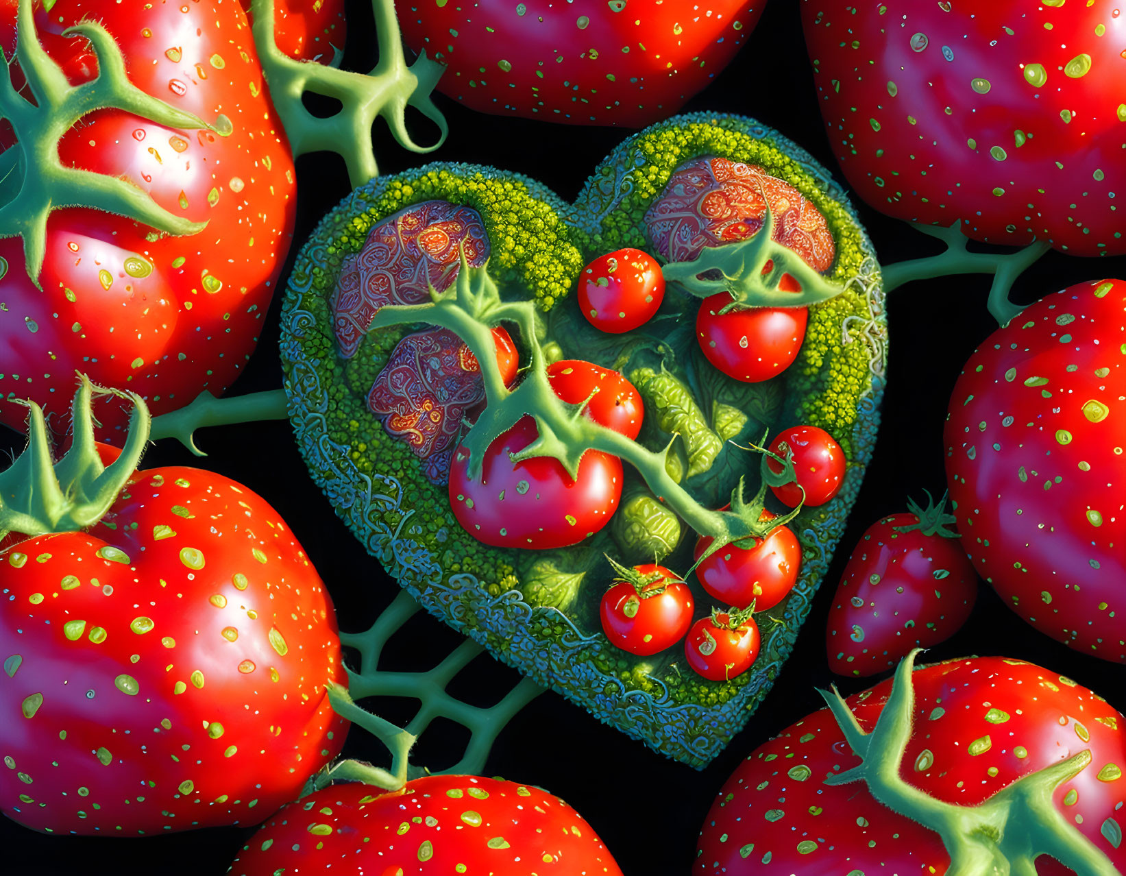 Heart-shaped broccoli patch with red tomatoes on dark background