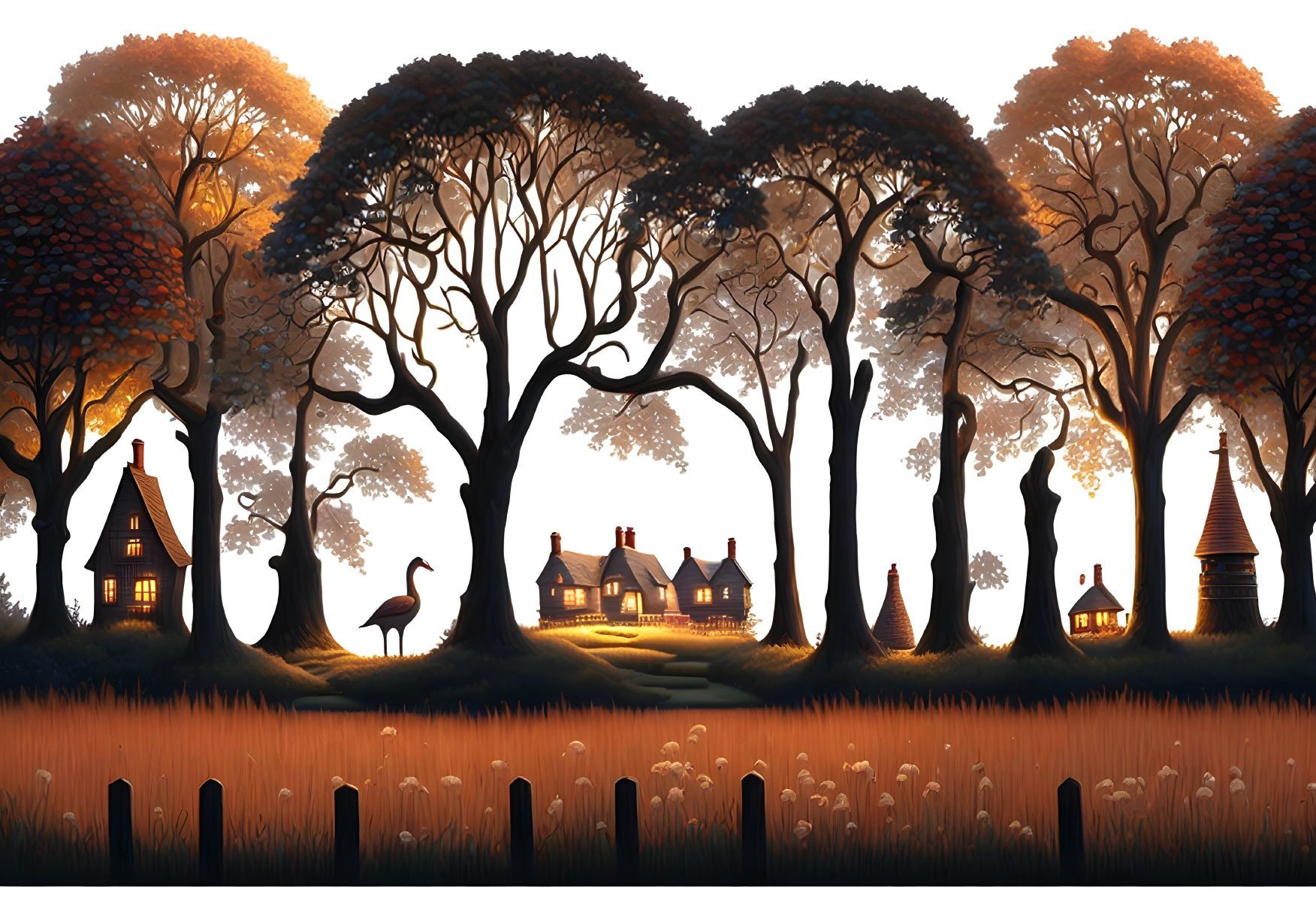 Enchanting forest dusk scene with heart-shaped trees, stork, cottages, and soft glow