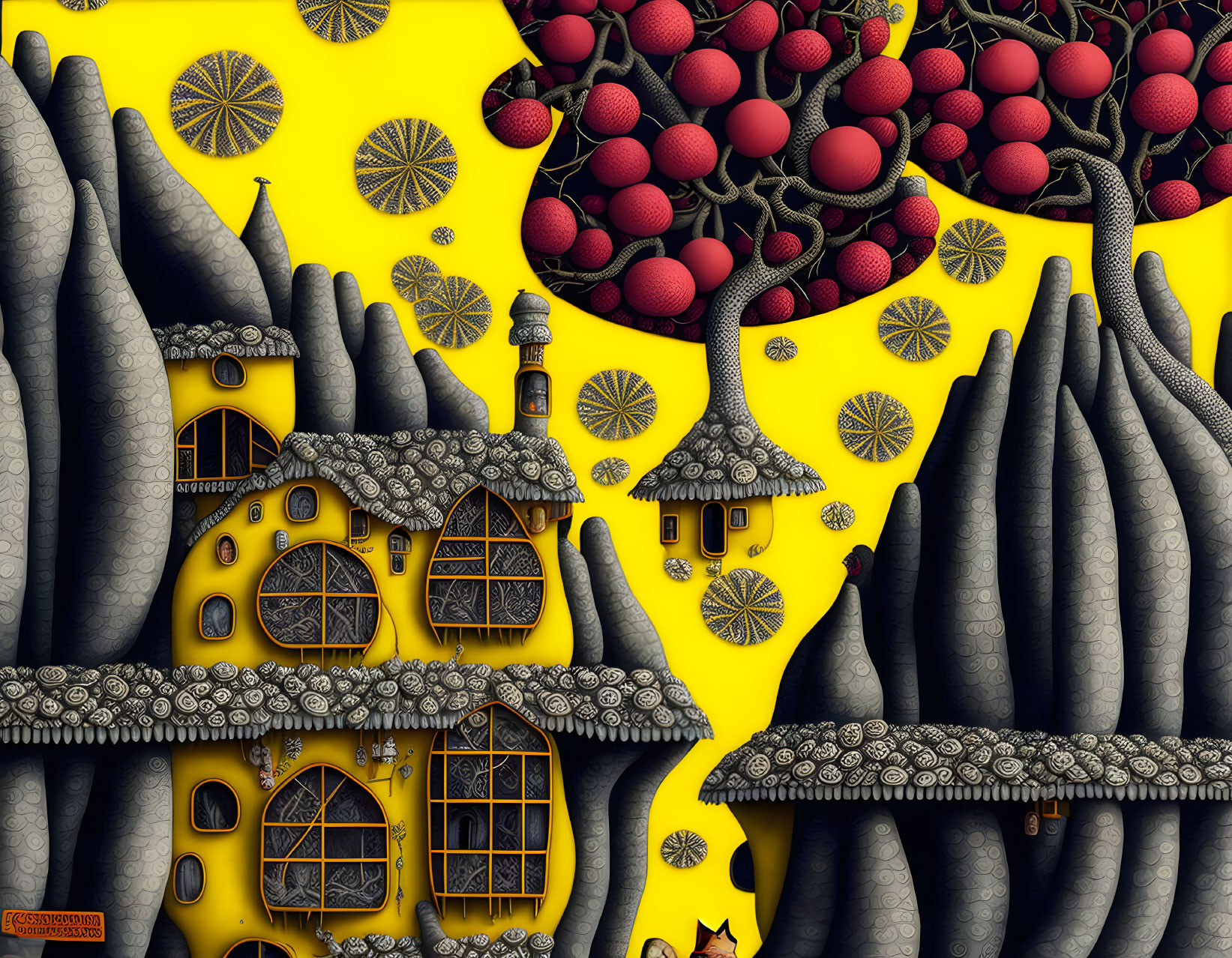 Surreal fantasy landscape with round windows and doors on yellow and black structures