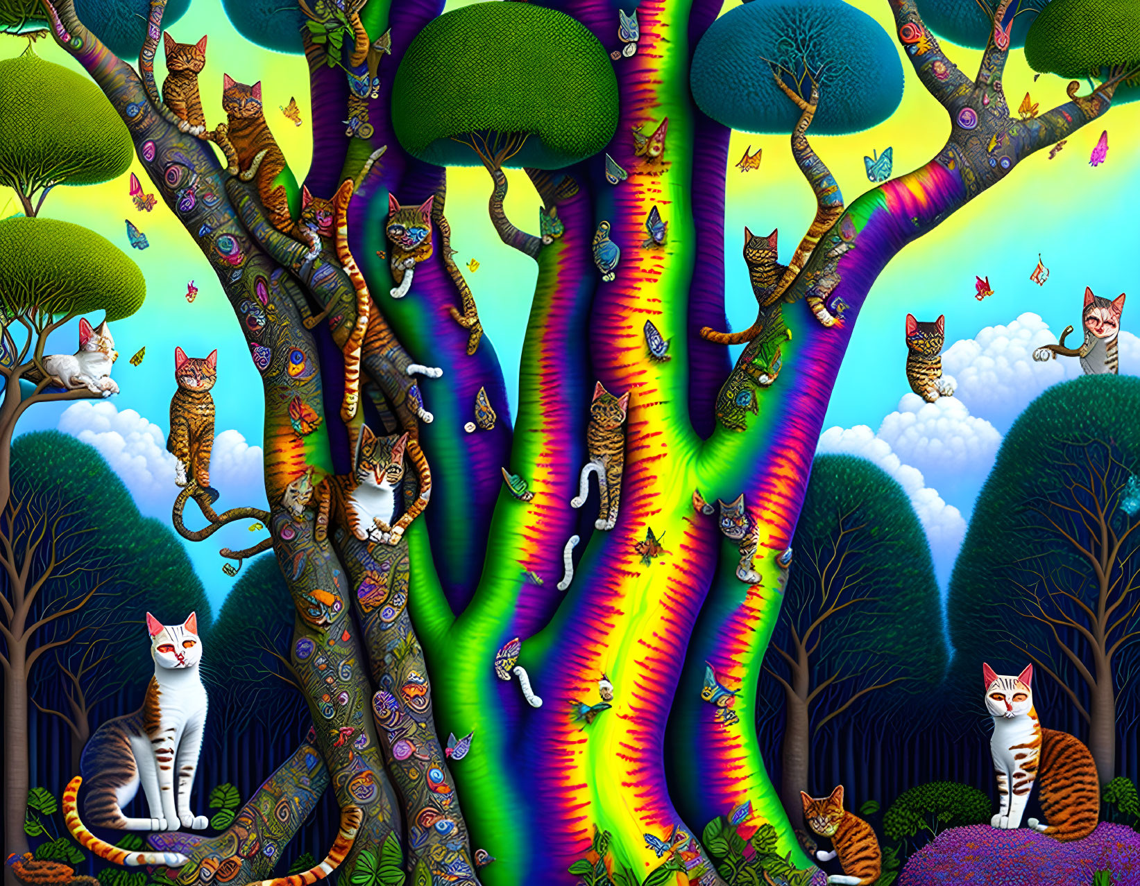 rainbow eucalyptus tree, cats. extreme details, fu