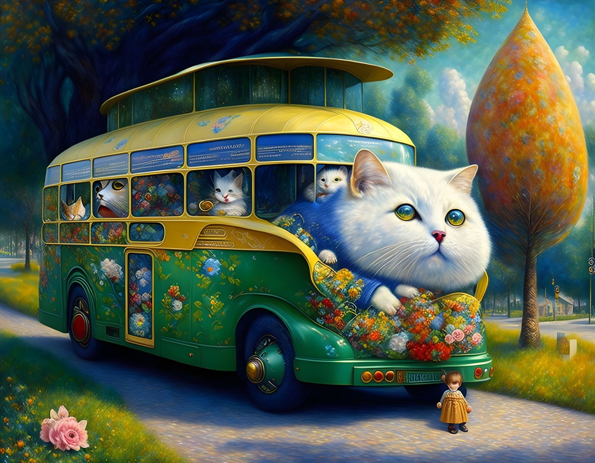 Whimsical digital painting of vintage bus as giant cat with kittens in colorful landscape