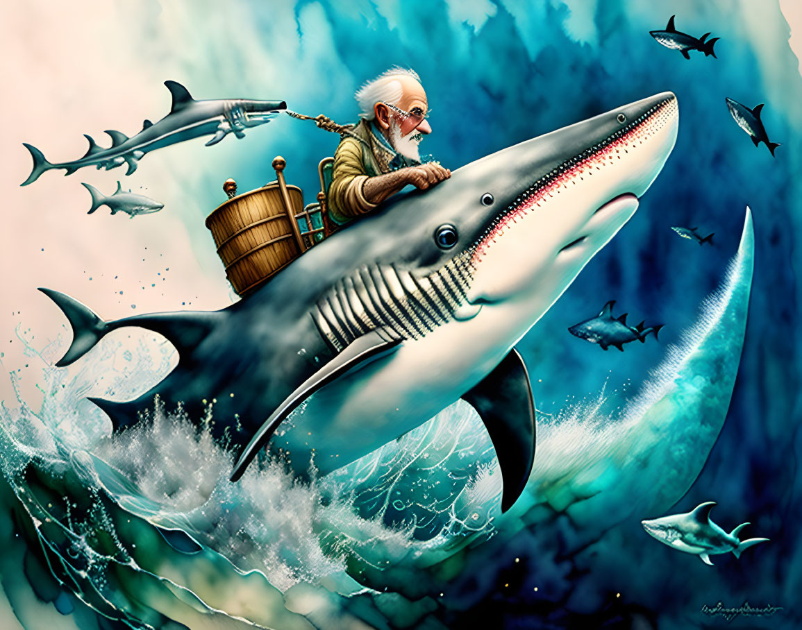 Elderly man riding shark underwater surrounded by fish and smaller sharks