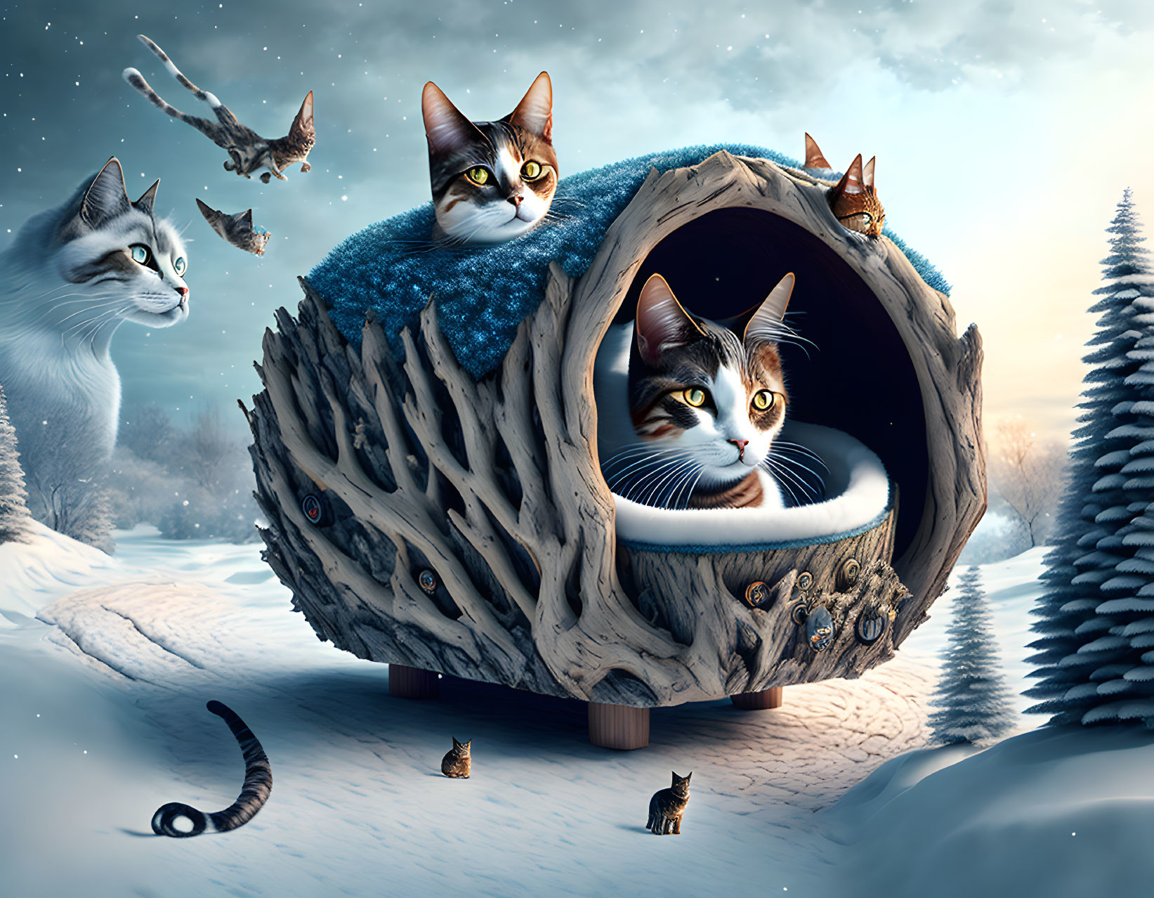 Whimsical winter scene with playful cats and cozy wooden shelter