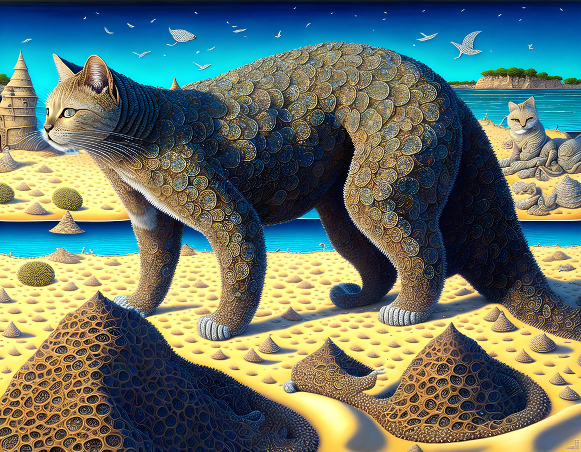 Surreal illustration: Scaly cat in desert with pyramid dunes & sphinx-like structures