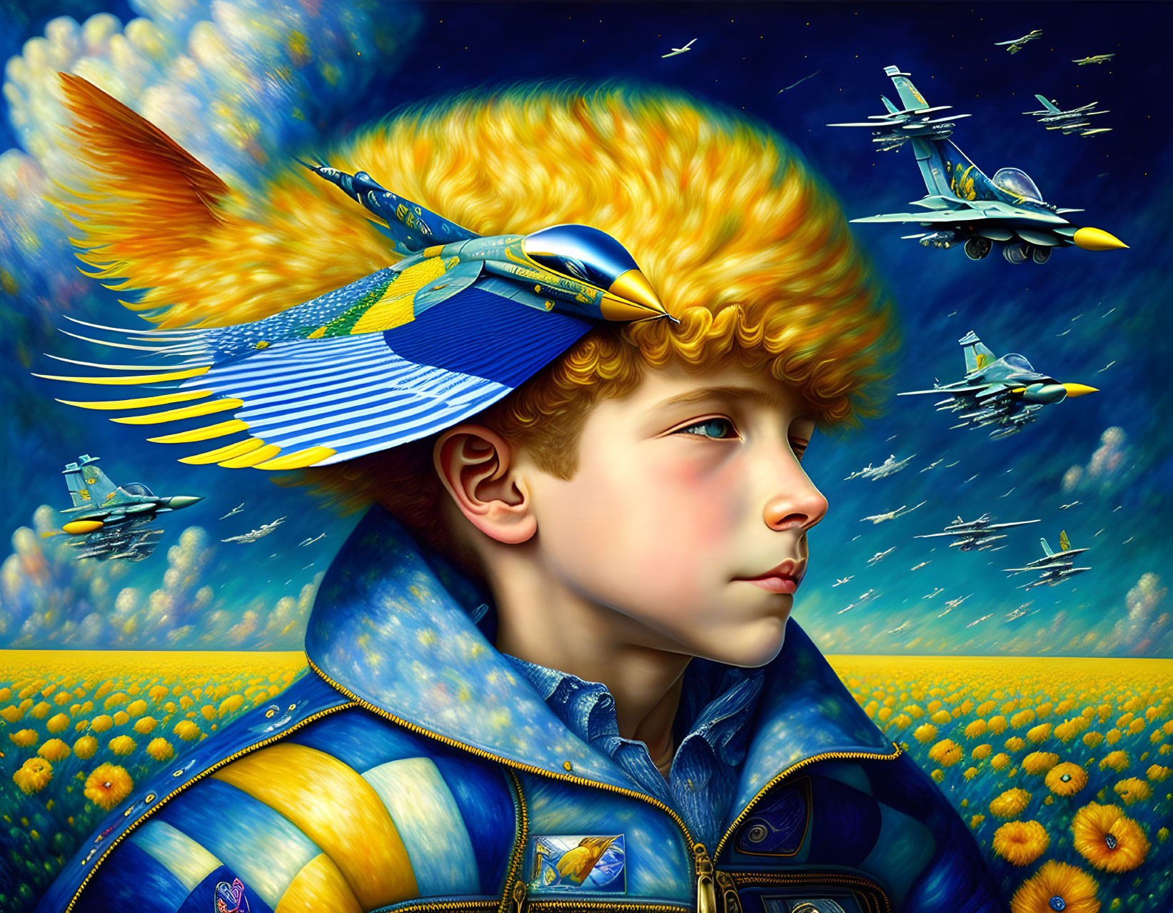 Whimsical portrait: young boy with winged helmet in sunflower field