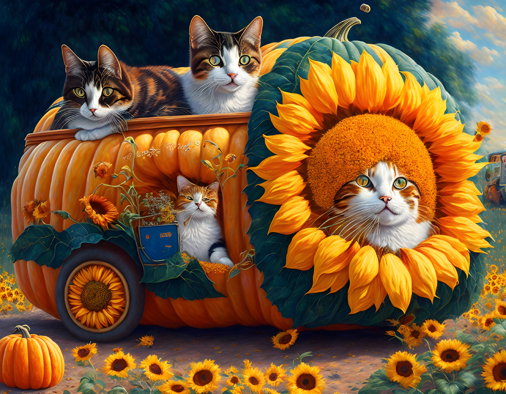 Three cats with pumpkin carriage and sunflowers in vibrant setting