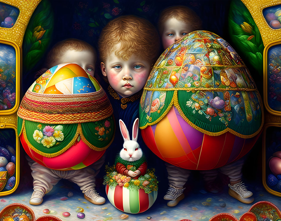 Illustration of three children with Easter eggs and bunny