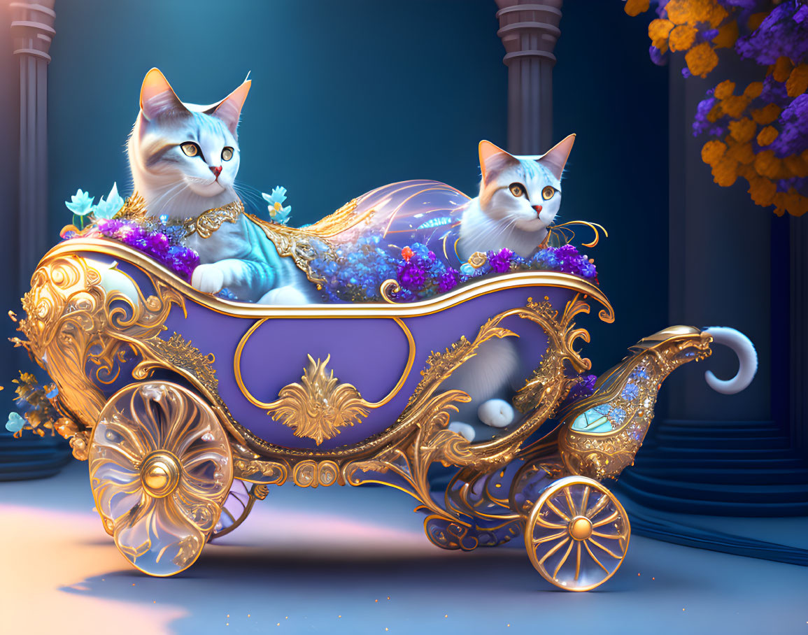 Regal cats in golden carriage at twilight landscape