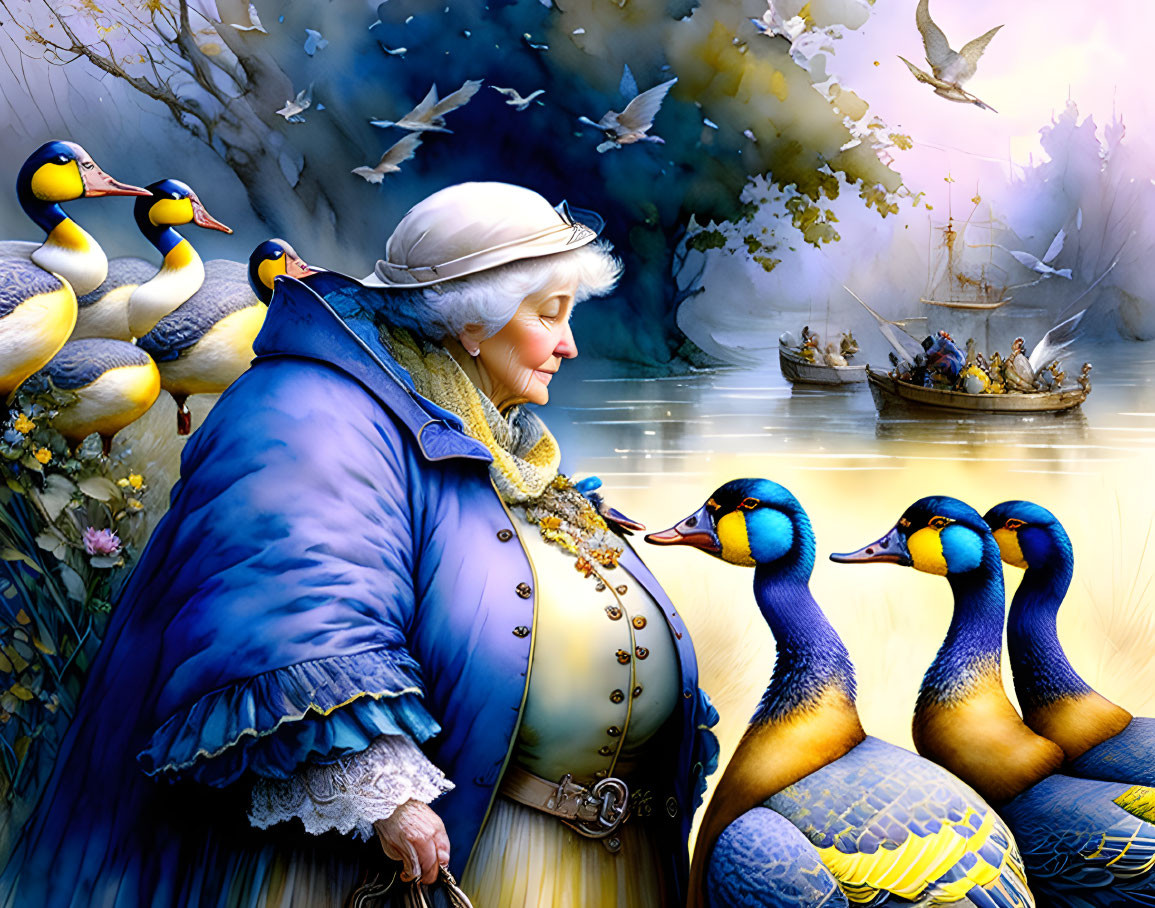 Elderly woman in blue coat with vibrant ducks and sailing ship by water