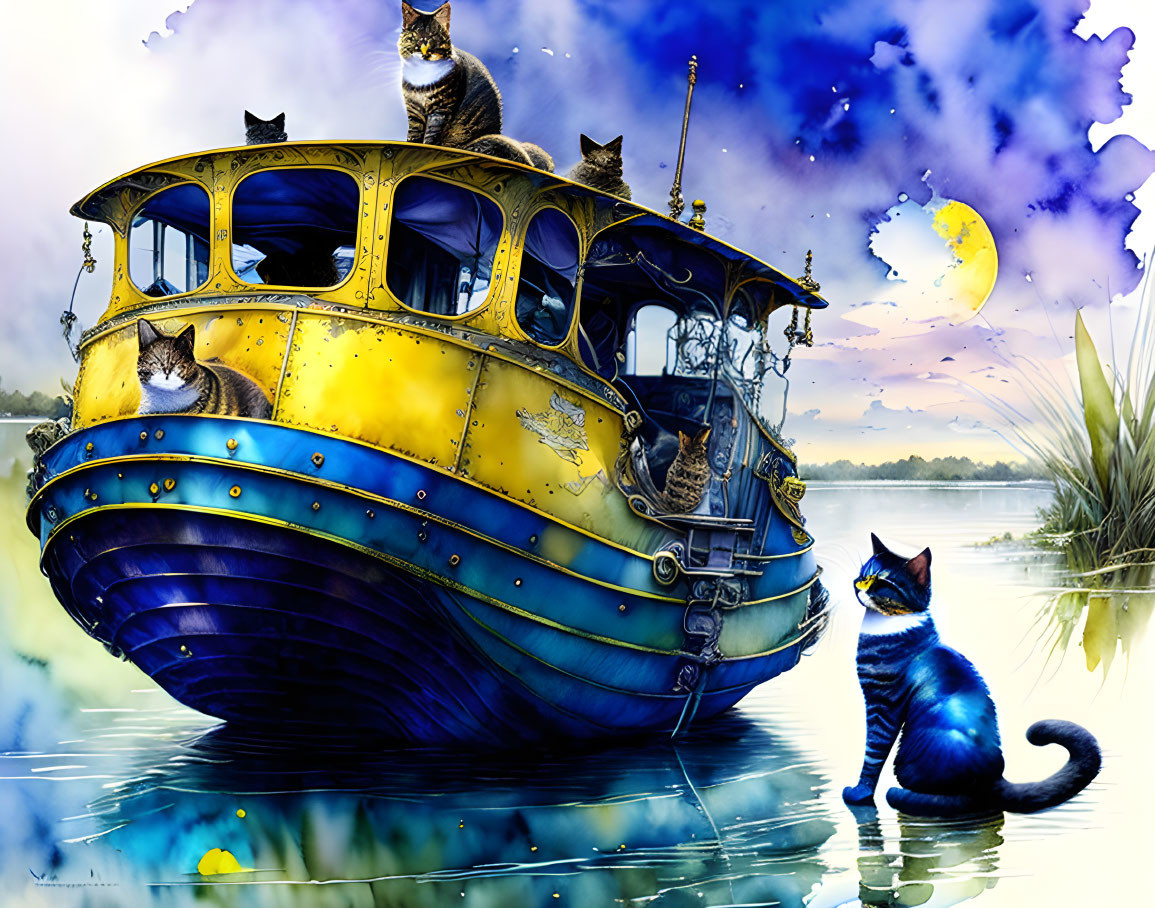 Whimsical painting of cats on vibrant boat under starry night sky