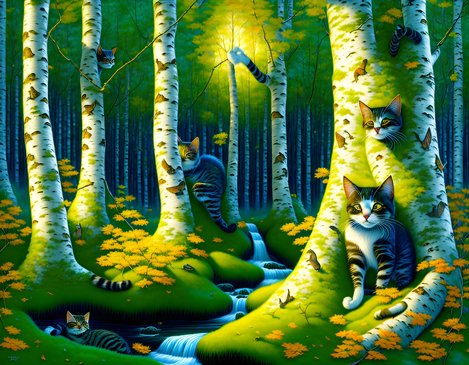 Vibrant forest scene with camouflaged cats among birch trees