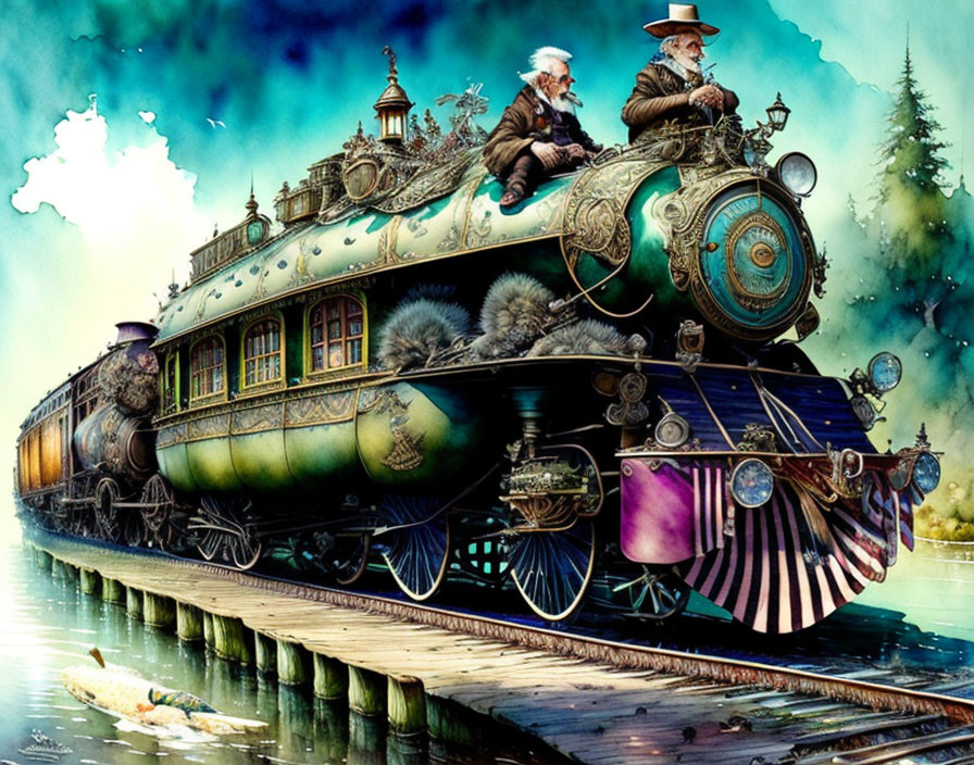 Steampunk-style illustration of two riders on embellished locomotive crossing vibrant bridge