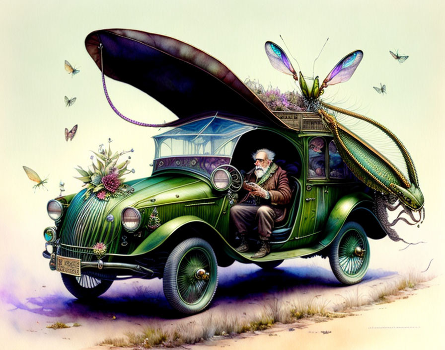 Whimsical green vintage car with dragonfly wings, butterflies, and elderly driver