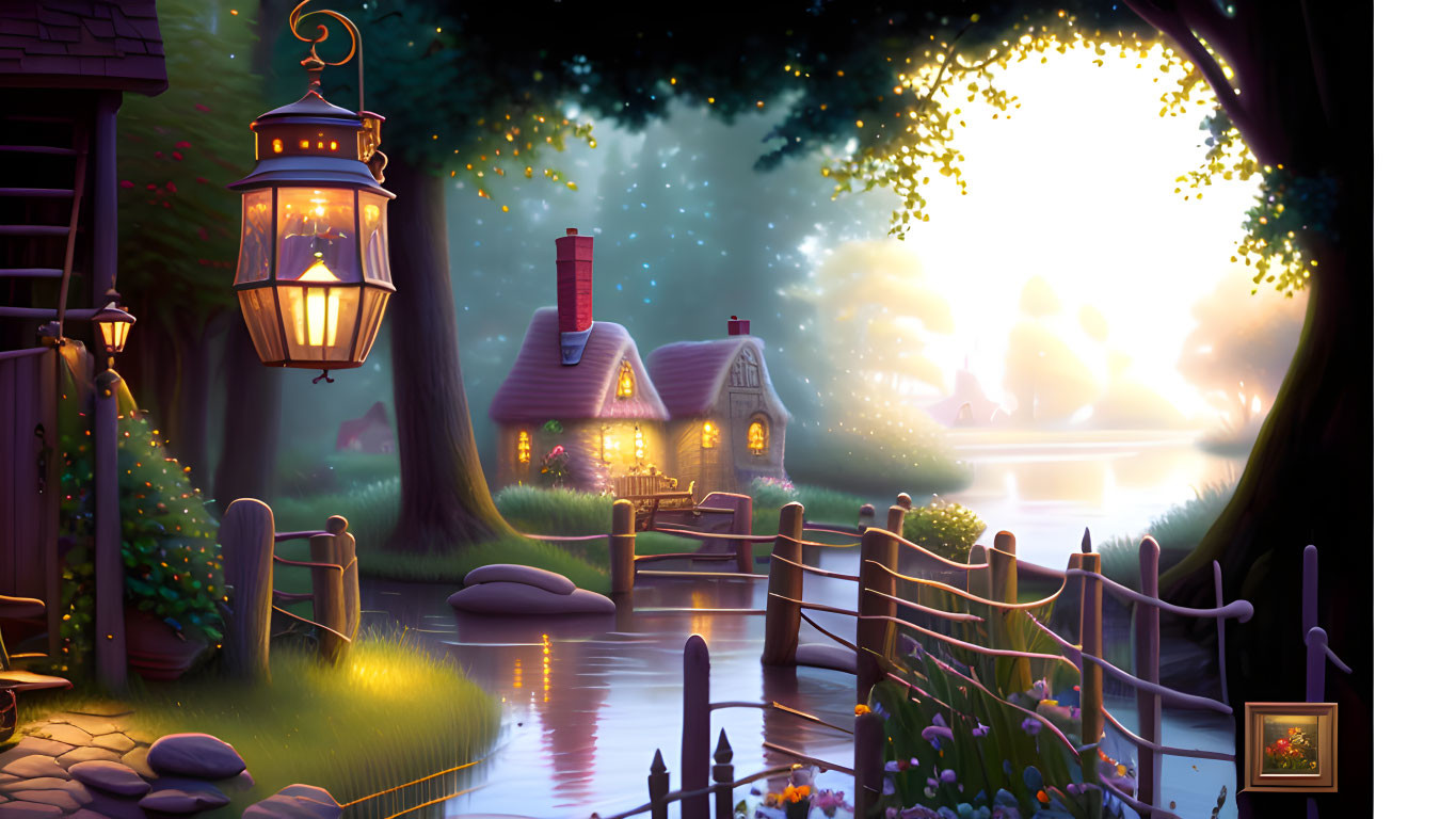 Cozy cottage by serene river with glowing lantern at dusk