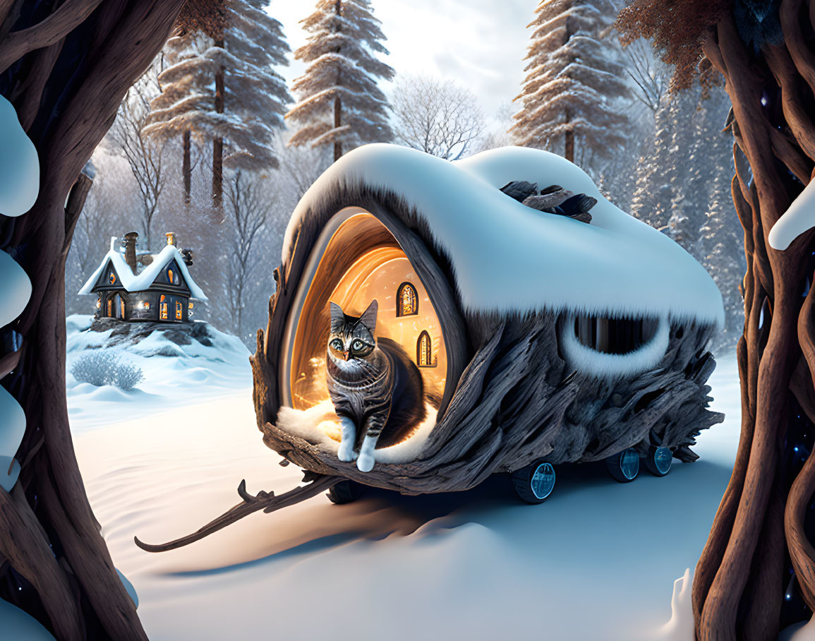 Cat in snow-covered log house in winter forest