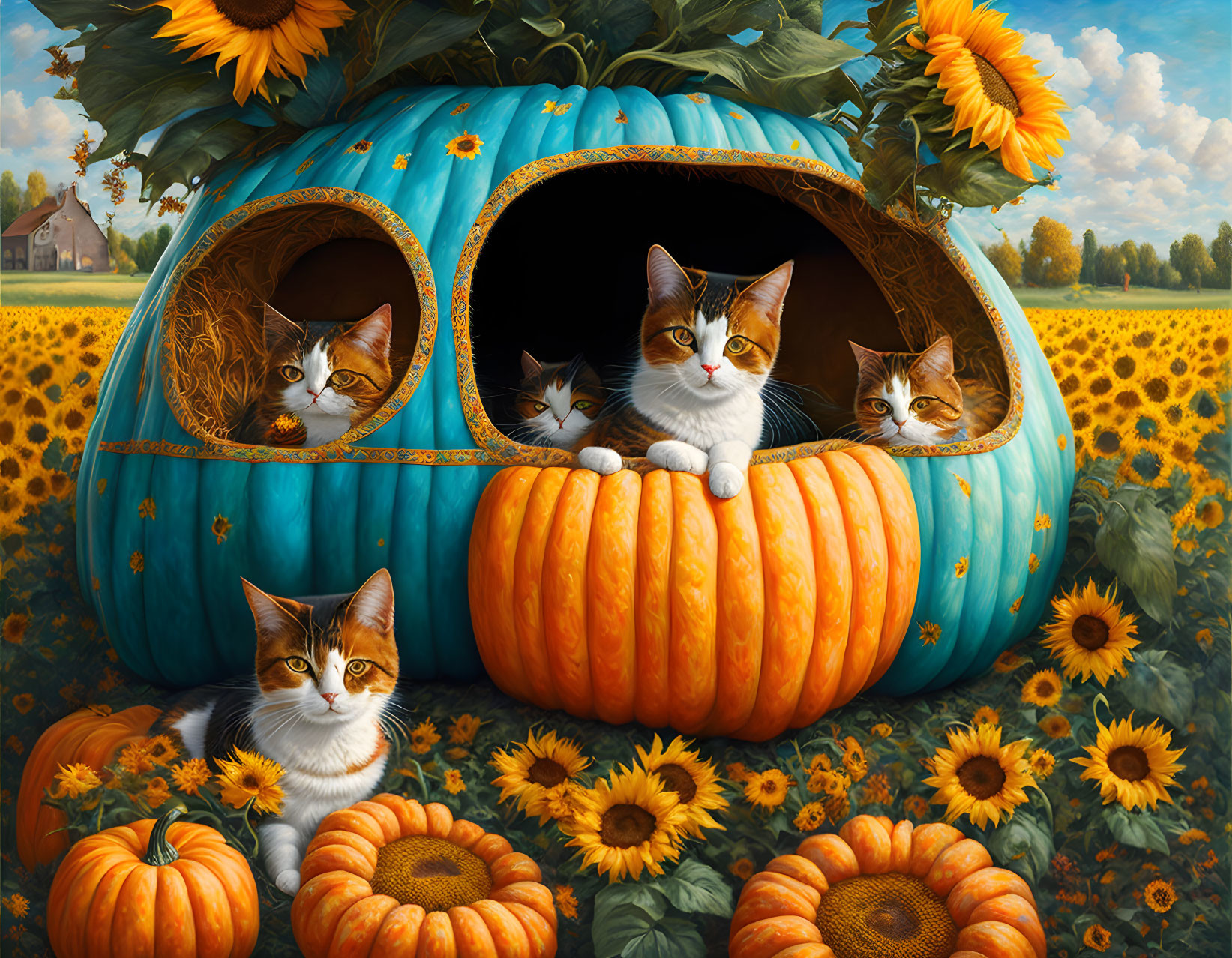 Four Cats with Carved Pumpkin House in Sunflower Field