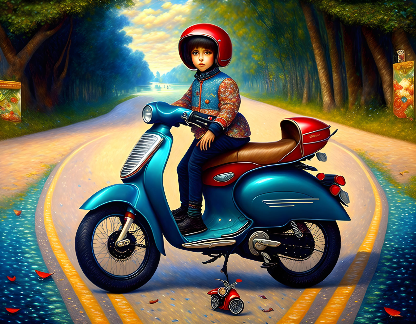 Child with red helmet on blue scooter on tree-lined road with toy scooter.