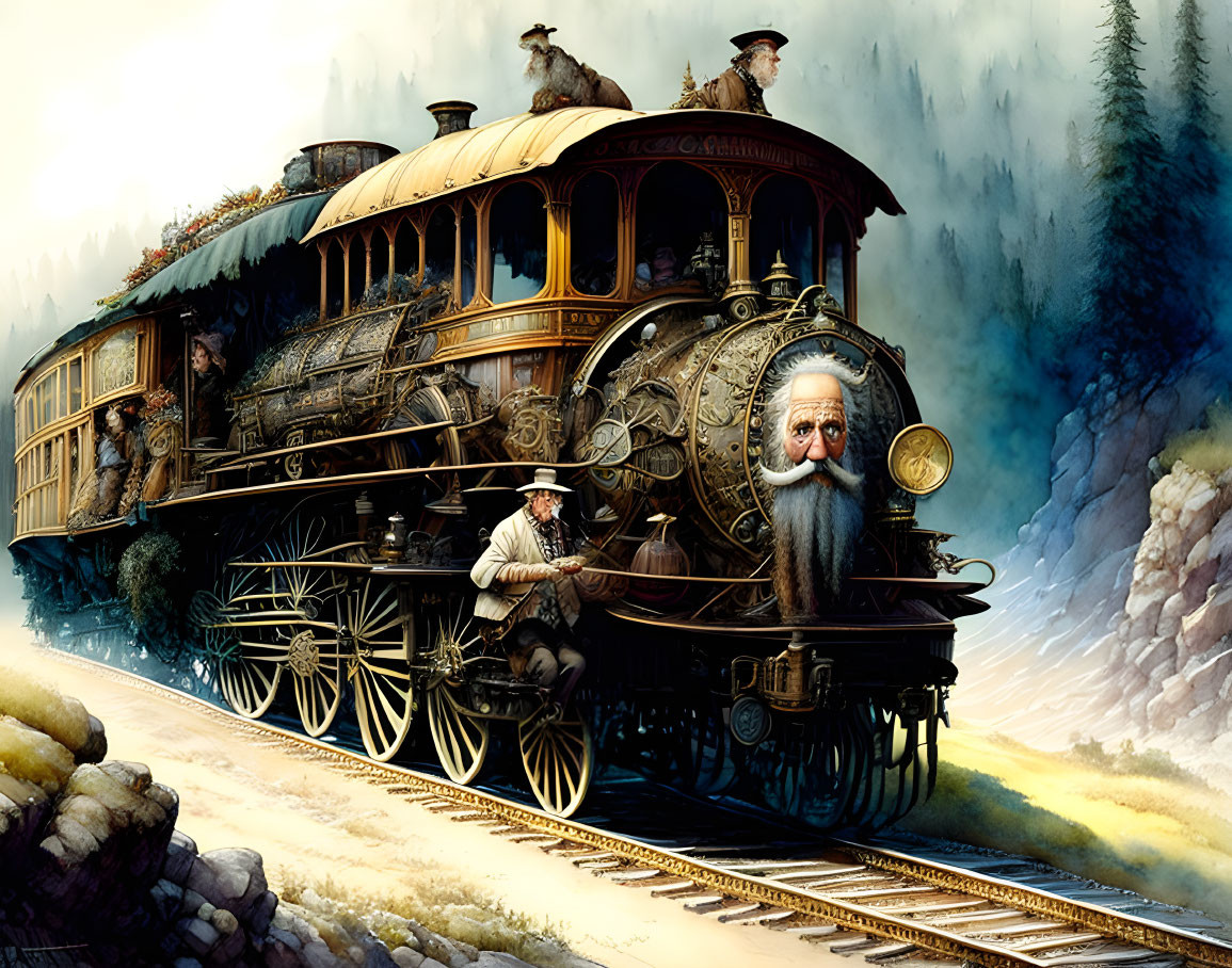 Vintage steam train illustration with bearded face design on engine, passengers onboard.