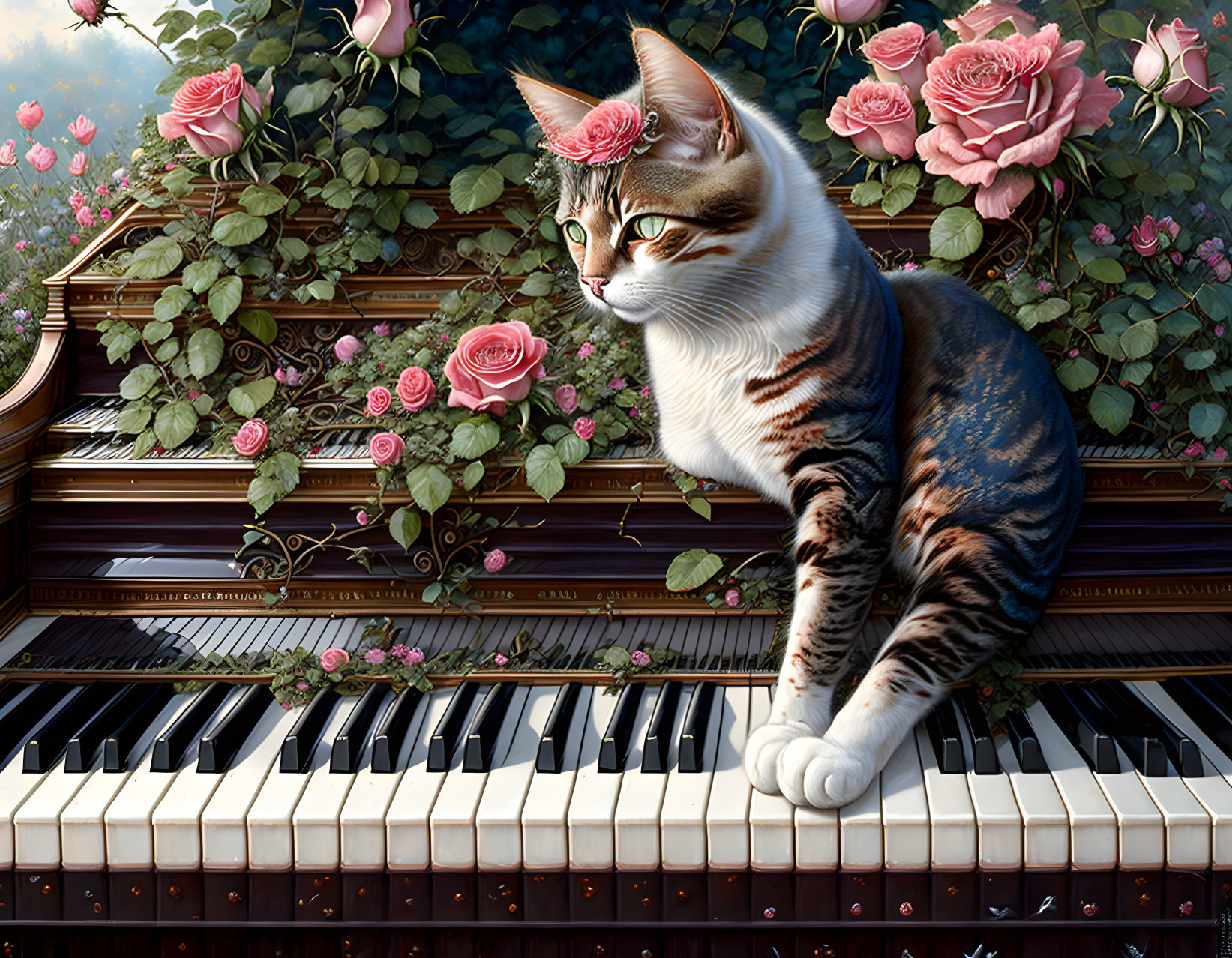 Intricate Patterned Cat on Piano Keyboard with Roses and Foliage