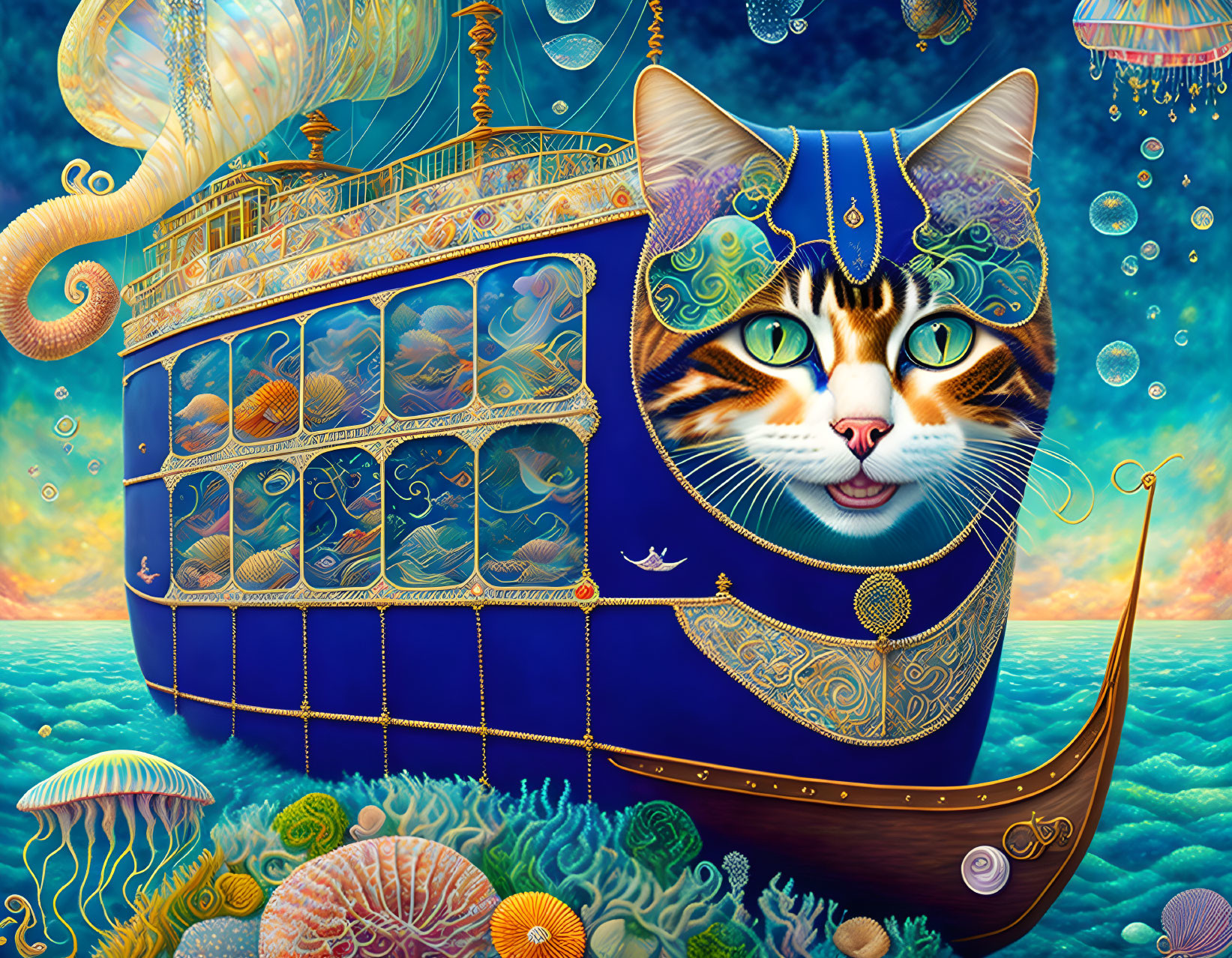 Fantasy-style underwater scene with cat's face on ship prow