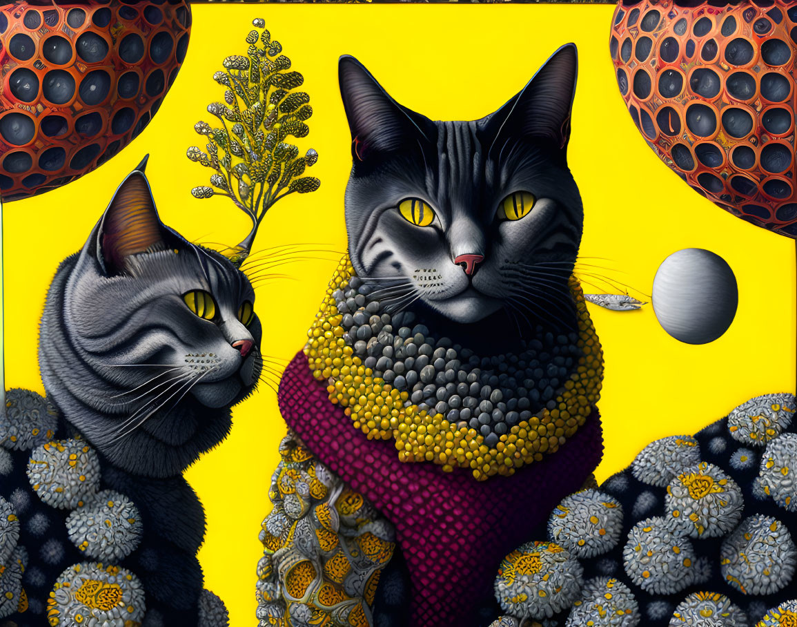 Stylized cats in colorful scarves with ornate spheres and yellow plant