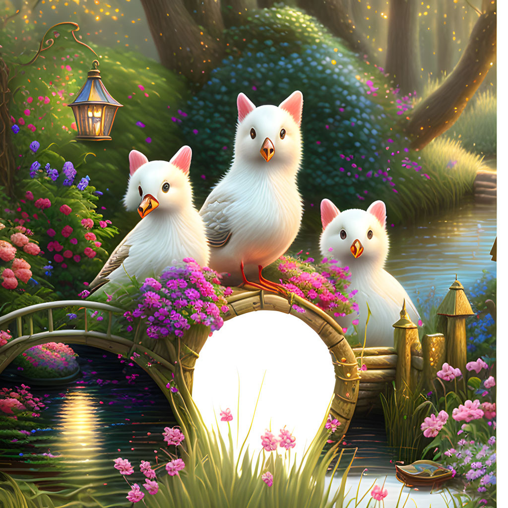 Fluffy chicks on wooden bridge with flowers, river, lantern in serene forest