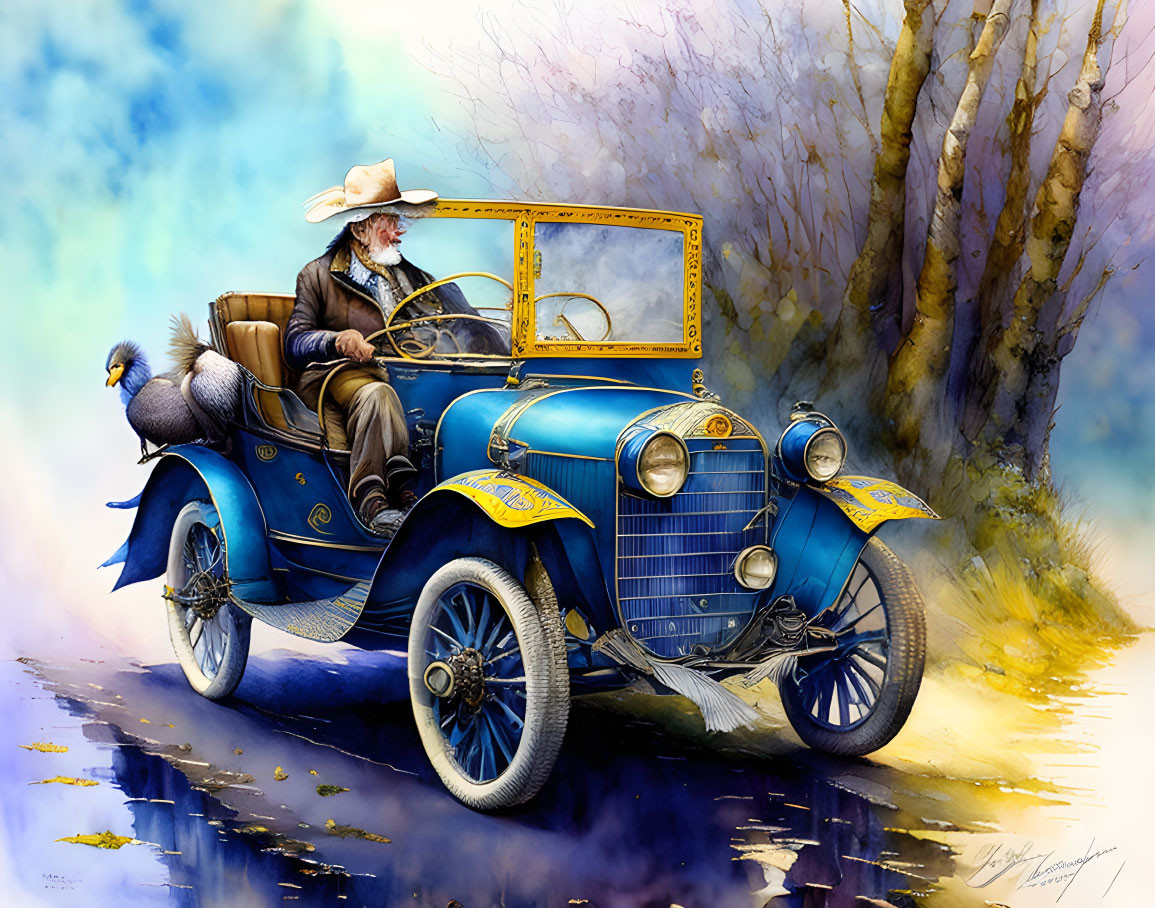 Man in cowboy hat driving classic blue and yellow car with dog, trees, and water in background