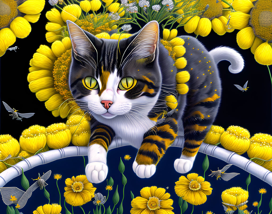 Colorful Cat Illustration with Yellow Flowers and Dragonflies