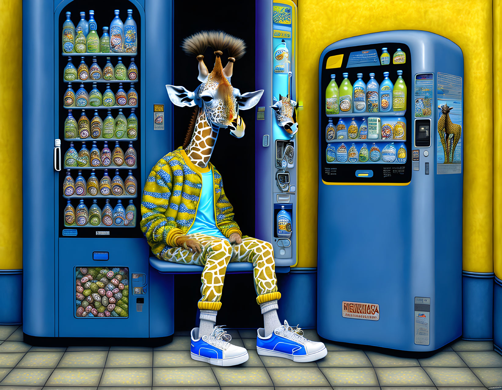 Giraffe in human attire by vending machines with smaller giraffe peeking out