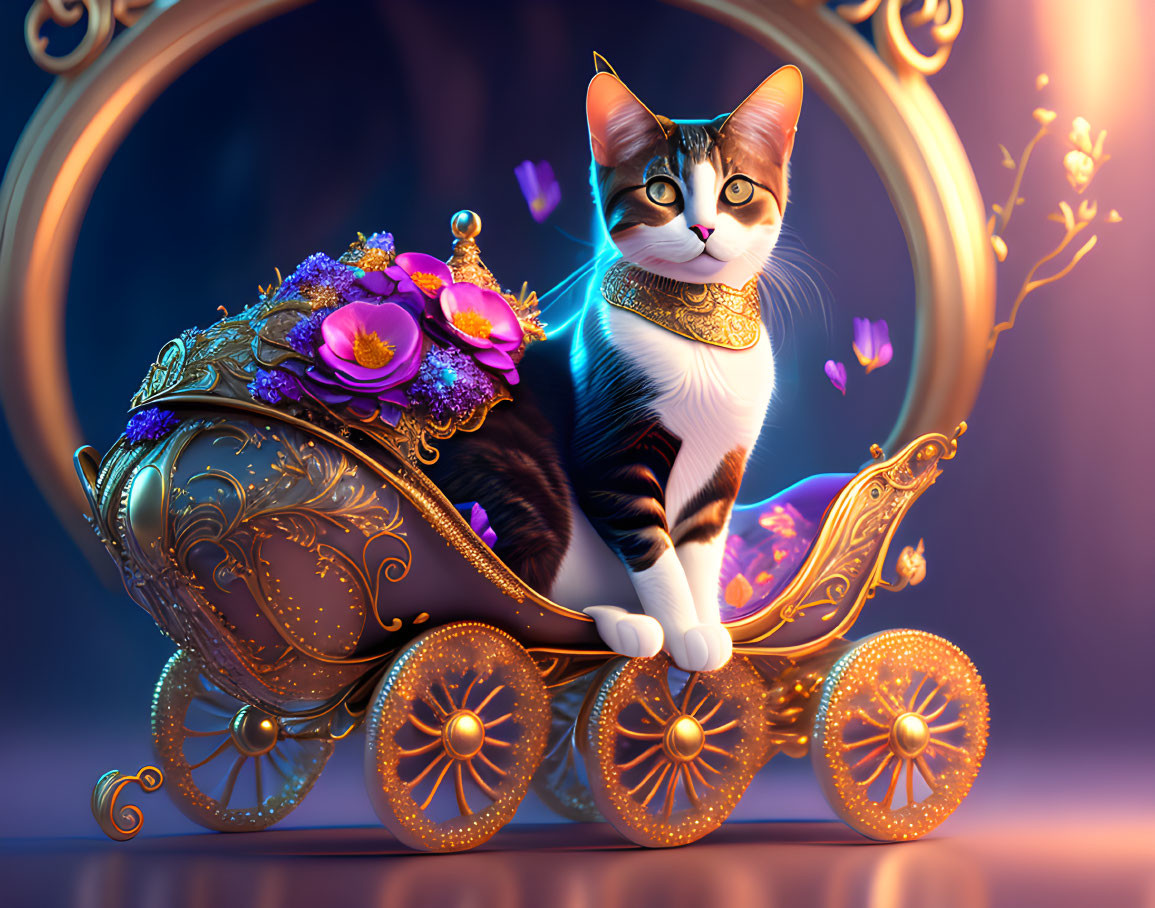 Majestic cat in golden collar rides fairy-tale carriage