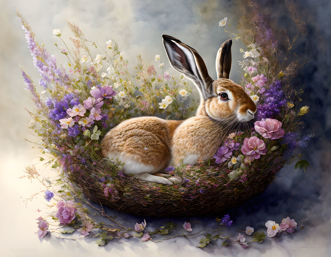 Realistic hare illustration in nest with wildflowers on soft-focus background