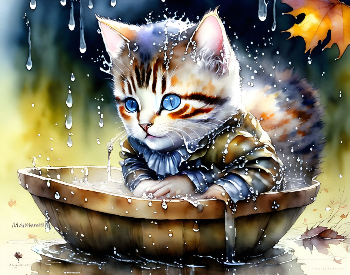 Colorful Illustration of Wide-Eyed Kitten in Bowl Surrounded by Autumn Leaves