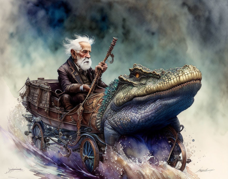 Elderly man with white hair riding alligator in misty fantasy scene