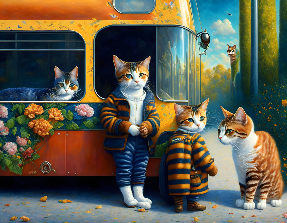 Anthropomorphic Cats in Clothes at Bus Stop with Autumn Background