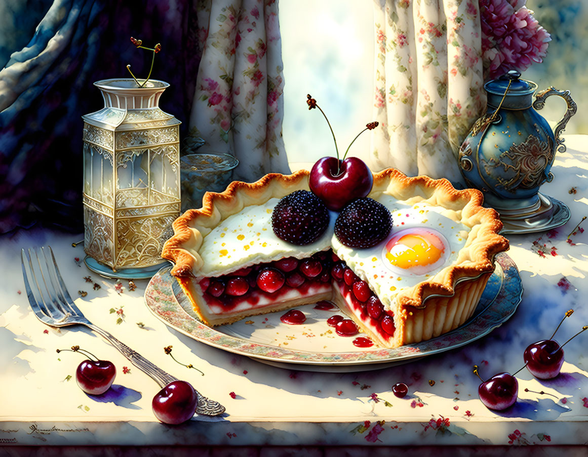 Detailed still life: Cherry pie, egg, cherries, lantern, teapot in soft light