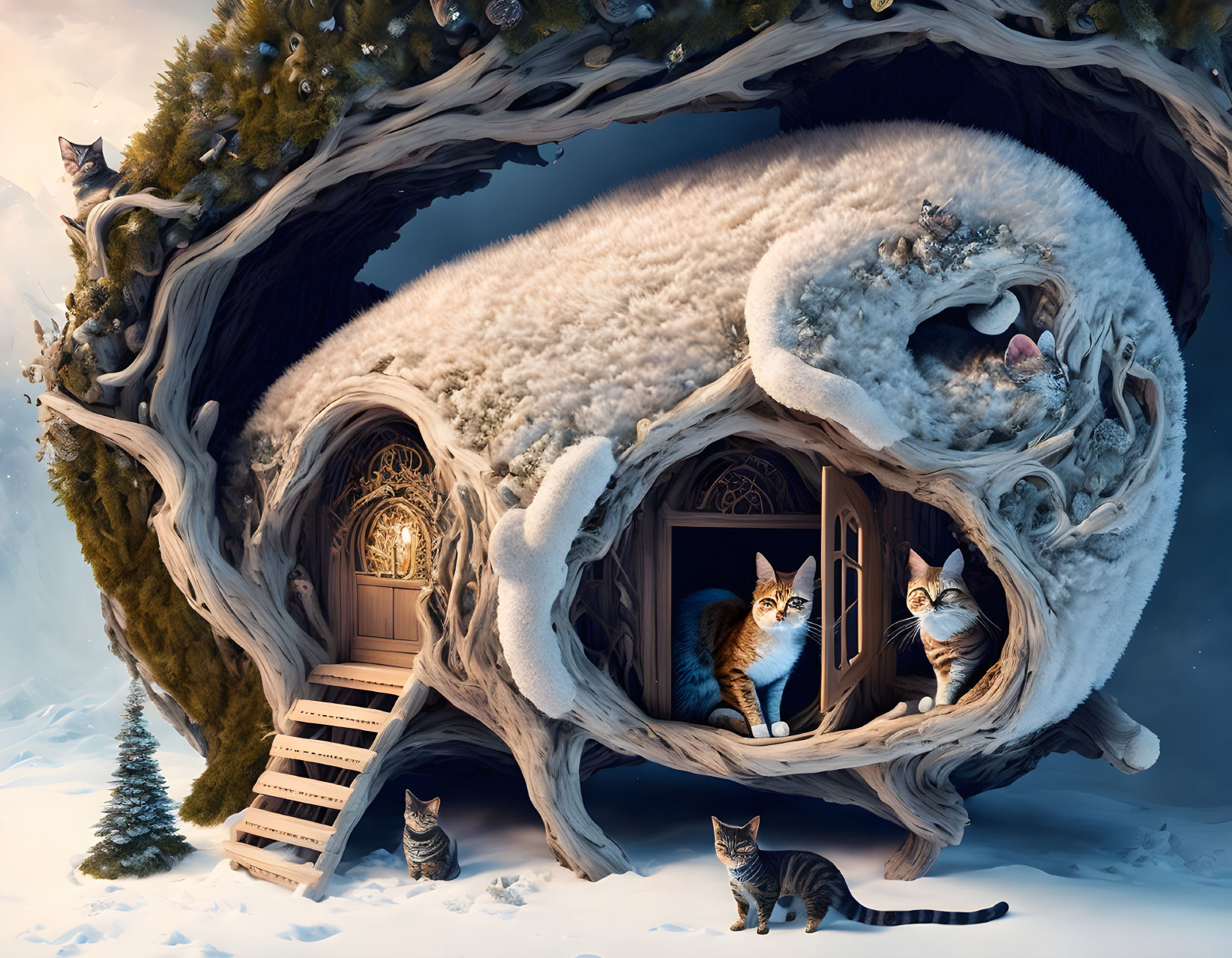 Illustration of Cat-shaped Tree Hollow with Snowy Branches